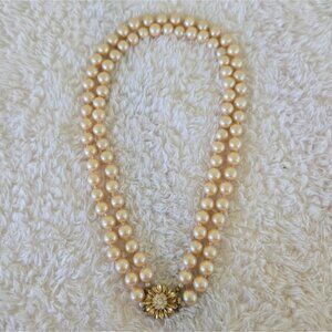 Metall Costume Gold 2 Strand Pearl Necklace with Flower